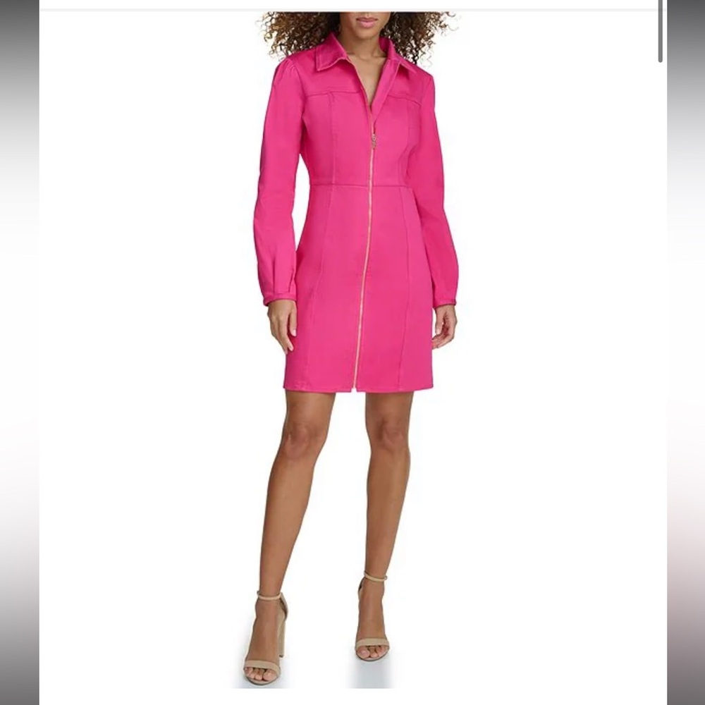 Siena Denim Collared Long Sleeve Zip Front Mini Dress Hot Pink